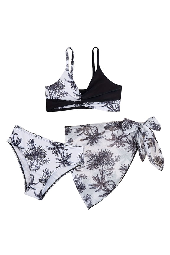 Bikinis for Teen Girls 3 Piece Swimsuit Set Stylish Tween Bathing Suits Bikini with Mesh Skirt Black,11-12 Years