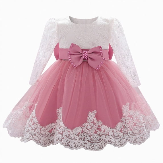 Splozh Birthday Dress 6 12 18 24 Months Infant Baby Girls Ruffle Sleeve Lace Bowknot Flower Dresses Pageant Party Wedding Princess Dress,Watermelon Red,6-12 Months