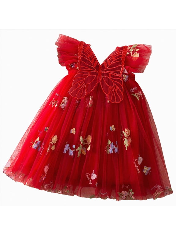 Birthday Dress for Girls 6 12 18 24 Months 3T 4T 5T Baby Girl Butterfly Dress Toddler Fairy Flower Dress for Birthday Party,Red,6-12 Months