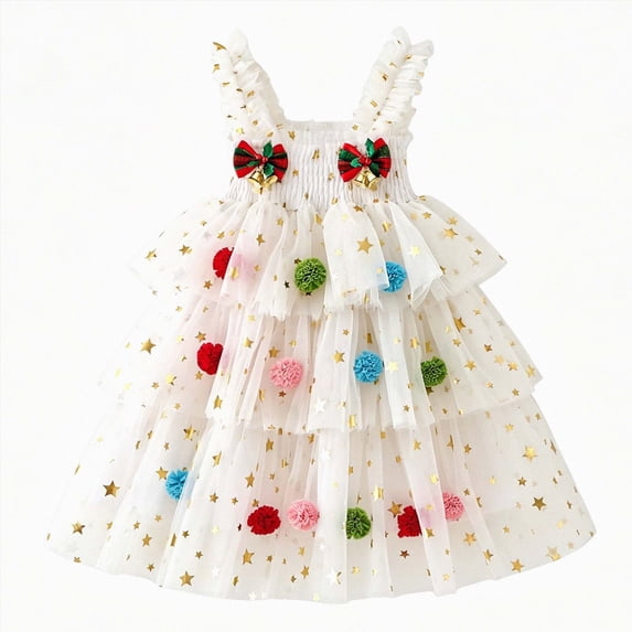 Splozh Birthday Dress for Girls Fashion Toddler Baby Girls Christmas Cute Pom Pom Tree Tutu Dress,White,1-2 Years