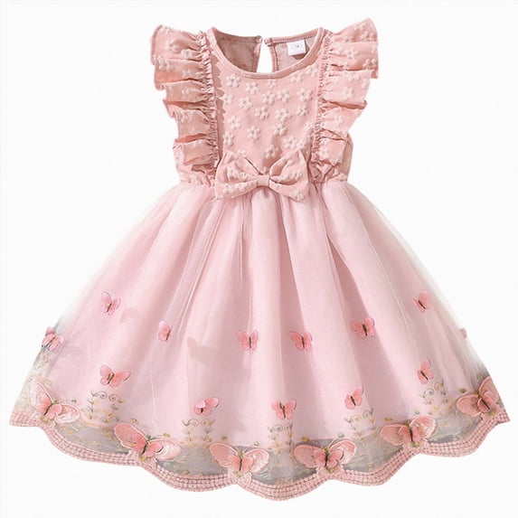 Splozh Birthday Girl Dress 3T 4T 5T 6T 7T Girls Dress Spaghetti Strap Pearl Belt Ruffle Hem Party Formal Dress,Pink,4-5 Years