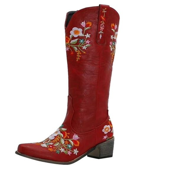 Splozh Boots for Women Knee High Cowboy Boots for Women Embroidered Western Knee High Boots Women Pointed Toe Heel Cowgirl Tall Boots Red,US 7.5