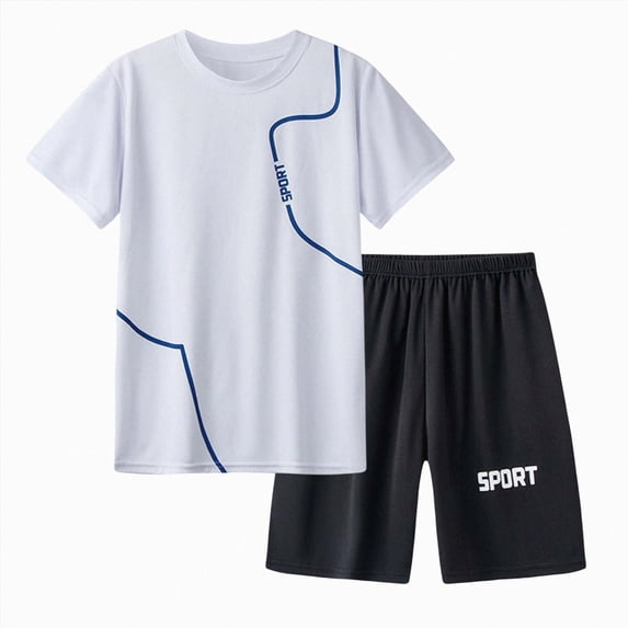 Splozh Boy 2 Piece Outfit Boys Fashion Boys Comfortable and Breathable Short Sleeve Two Piece Set with Simple Lines and Letter Patterns,White,11-12 Years