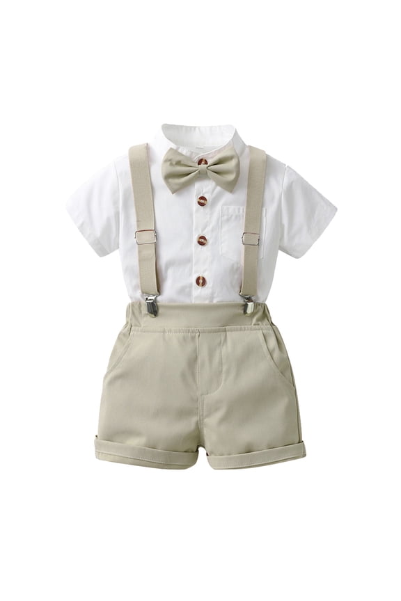 Boy Baptism Outfit Toddler Boys Short Sleeve Shirt Tops Shorts with Tie Child Kids Gentleman Outfits Church Wedding Outfit Beige,9-12 Months