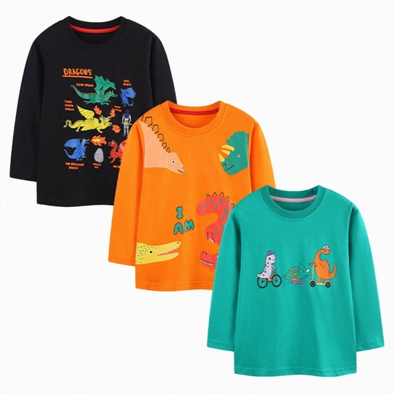 Splozh Boy T Shirts 2T 3T 4T 5T 6T 7T 8T Fall Long Sleeve Dinosaur Boys Sweatshirt Cotton Toddler Pullover T Shirt 3 Packs, Multicolour, 2-3 Years