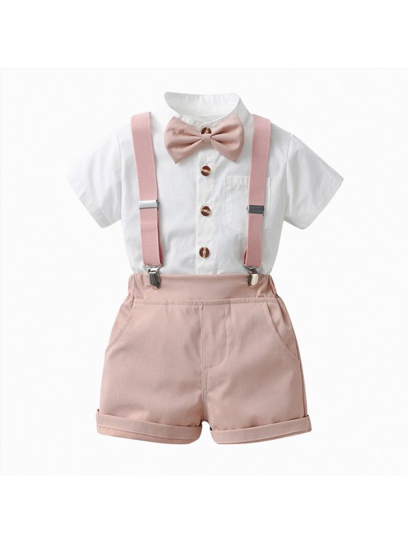 Boys Baptism Outfit Toddler Boy Clothes Suit Baby Boys Formal Outfit with Bowtie + Shorts Wedding Birthday Party Suits 18-24 Months,Pink