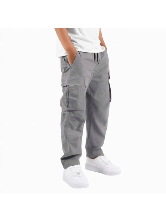 Boys Cargo Joggers Pants Elastic Waist Kids' Cargo Pants Trendy Streetwear Stretchy Hiking Pants Casual Outdoor Athletic Trousers with Pockets,Grey,15-16 Years