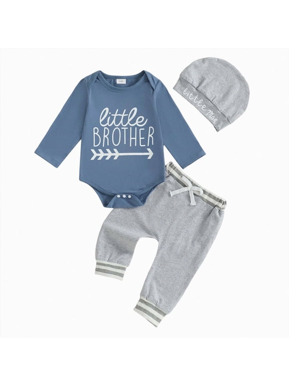 Boys Comfortable Set Simple Letter Printed Long Sleeve Pants Hat Casual 3 Piece Set,Blue,3-6 Months
