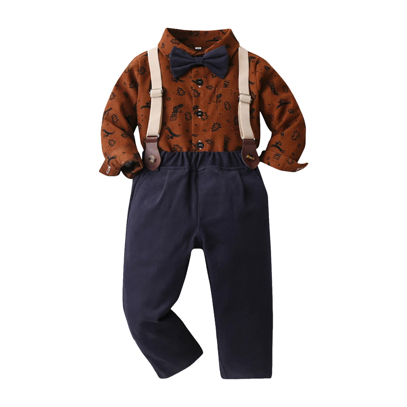 Splozh Boys Dress Clothes Boys Long Sleeved Shirt and Overalls Suit Comfortable Soft Fashionable Christmas Print Gentleman Suit for Boys Brown,12-18 Months