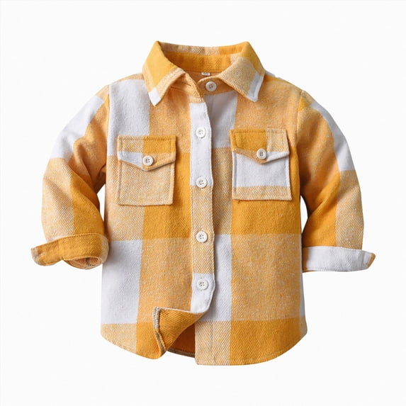 Splozh Boys Flannel Shirt 0-9 Years Buffalo Plaid Button Down Long Sleeve Top for Toddler Kids Fall School Clothes,Yellow,5-6 Years