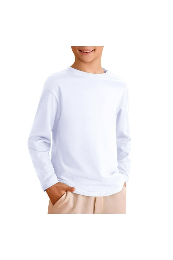 Boys Long Sleeve Shirts Soft Cotton Basic Tees Youth Boys Long Sleeve T-Shirts Layering Shirts Tagless,White 9-10 Years