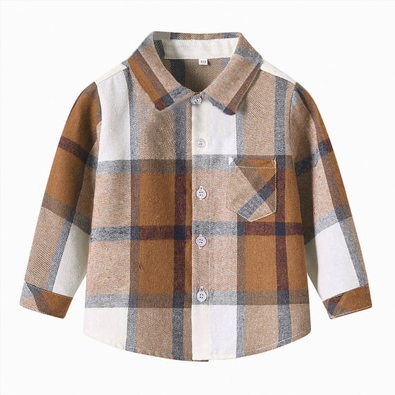 Splozh Boys Plaid Flannel Shirt 0-8T Long Sleeve Button Down Jacket Shacket Fall Clothes,Brown,3-4 Years