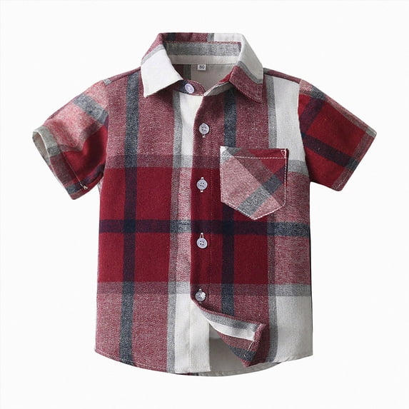 Splozh Boys Short Sleeve Button Down Shirts 0-8 Years Cotton Plaid Summer Clothes with Pocket,Red,6-12 Months