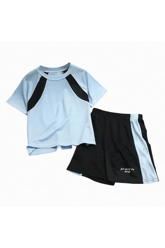 Boys Summer Clothes Boys Summer Outfits Set Kids Short Sleeve Top T-Shirt Shorts Color Block Clothing Sets 5-6 Years,Light Blue