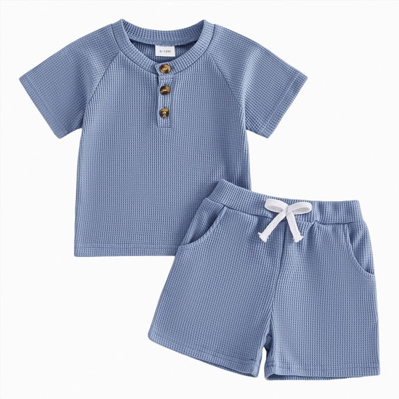 Splozh Boys Summer Outfit T-Shirt + High Waist Shorts Baby Boy Waffle Knit Set Toddler Kids,Blue,2-3 Years