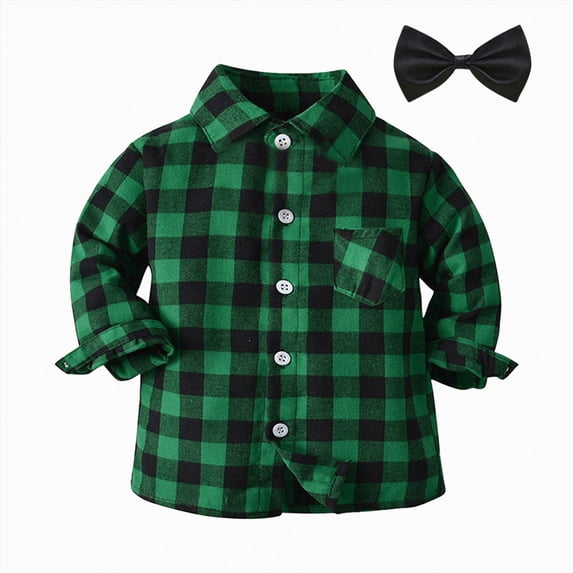 Splozh Boys T Shirt 6 12 18 24 Months 3T 4T 5T 6T Toddler Boys Long Sleeve Fall Spring Bow Tie Shirt Tops Coat Outwear Clothes Plaid, Green, 12-18 Months
