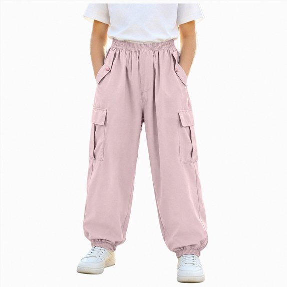 Splozh Cargo Pants for Girls Kids Teens Drawstring High Waisted Straight Leg Loose Trousers with Multi Pockets Girls Cargo Jogger Pants,Light Pink,11-12 Years