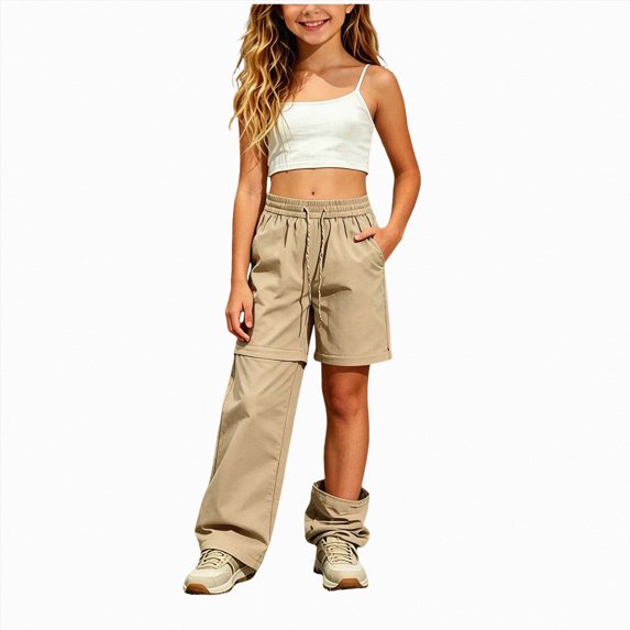 Splozh Cargo Pants for Girls Kids Teens Drawstring High Waisted Straight Leg Loose Trousers with Multi Pockets Girls Parachute Pants Cargo,Beige,7-8 Years