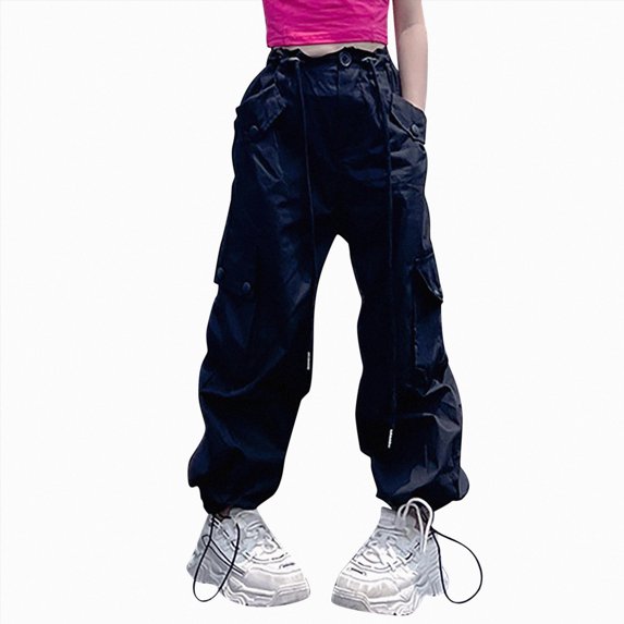 Splozh Cargo Pants for Girls Kids Teens Drawstring High Waisted Straight Leg Loose Trousers with Multi Pockets Cargo Pants Kids,Black,7-8 Years
