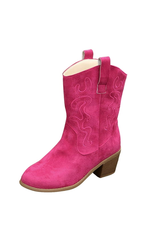 Combat Boots Womens Western Cowboy Ankle Boots for Women Low Heel Mid Calf Cowgirl Boots Slip On Round Toe Heel Fashion Retro Boots Suede Back Zipper Fall Hot Pink,US 6