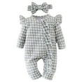 thumbnail image 1 of Splozh Coming Home Outfit Boy Baby Girl Long Sleeve Romper with Ruffled Hem Fall Spring Set with Bow Headband Light Gray,3-6 Months, 1 of 9