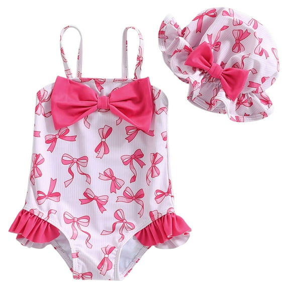 Splozh Cute Bathing Suits Newborn Baby Girl Swimsuit Toddler Ruffle Swimsuit Bikini Tankini Infant Swimwear One Piece Bathing Suits with Hat Pink,6-12 Months