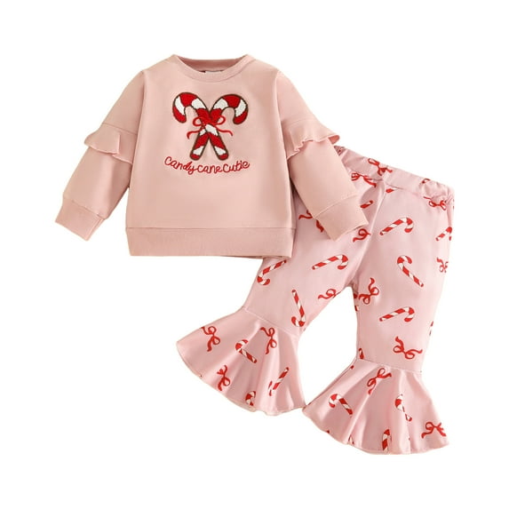 Splozh Cute Christmas Outfits for Baby Girls Toddler Baby Girls Christmas Outfit Long Sleeve Embroidery Sweatshirt Gingham Flare Pants Two Piece Smocked Clothes Light Pink,12-18 Months