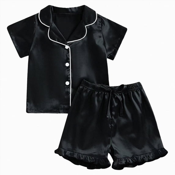 Splozh Cute Pajamas for Girls Pajamas 2 Piece Summer Soft Silk Satin Short Sleeve Pajama Set Cute Pjs Sleepwear for Kids,Black,4-5 Years