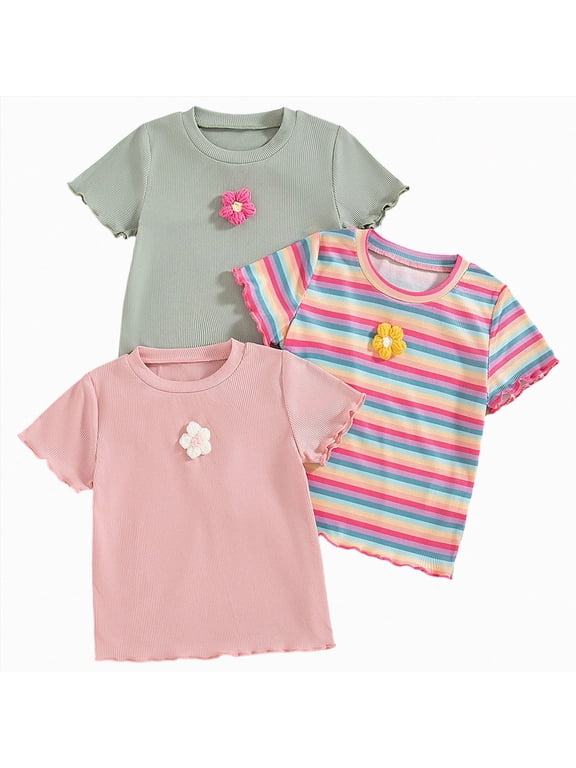 Cute Shirts for Girls 3 Pack Toddler Girl Shirts Baby Crew Neck Short Sleeve T-Shirts Cute Summer Casual Basic Tees Clothes,Green,4-5 Years