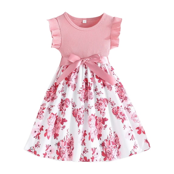 Splozh Dress for Girls Girl's Floral Summer Dress Ruffle High Waist Ruched A Line Spring Dress 4-5 Years,Pink