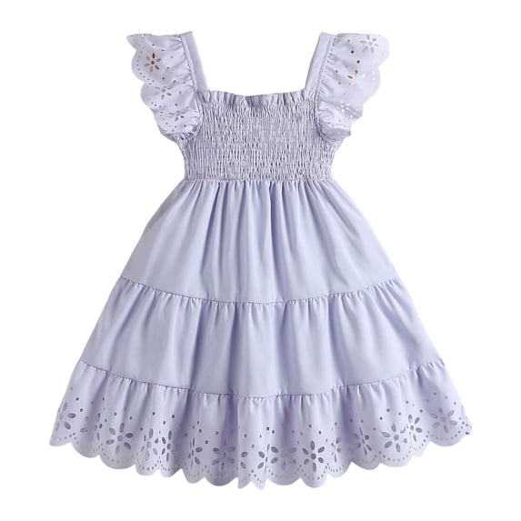 Splozh Dress for Girls Little Girls Ruffle Sleeve Dresses Summer Cotton Casual Skater Swing Twirly Sundress 3-4 Years,Light Blue