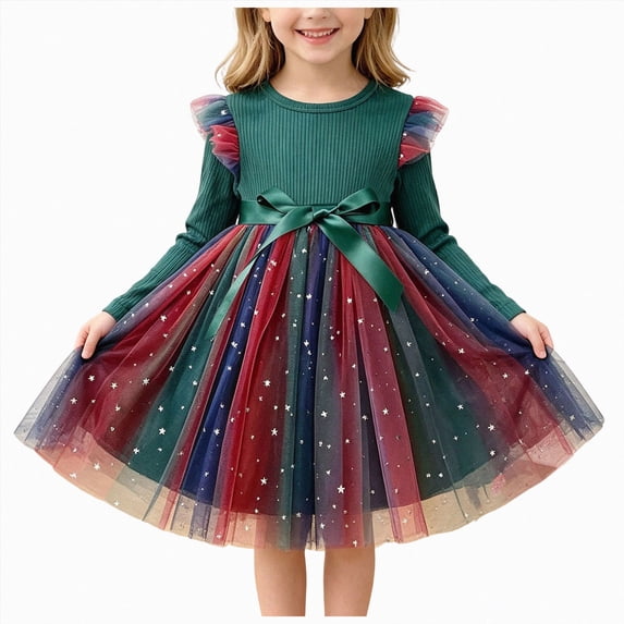 Splozh Fall Flower Girl Dress for Toddler Soft Cute Girls Fashion Long Sleeve Fall Winter Party Dress Photoshoot Outfit Toddler Playwear Dresses Cotton Dress for Girls,Green,4-5 Years