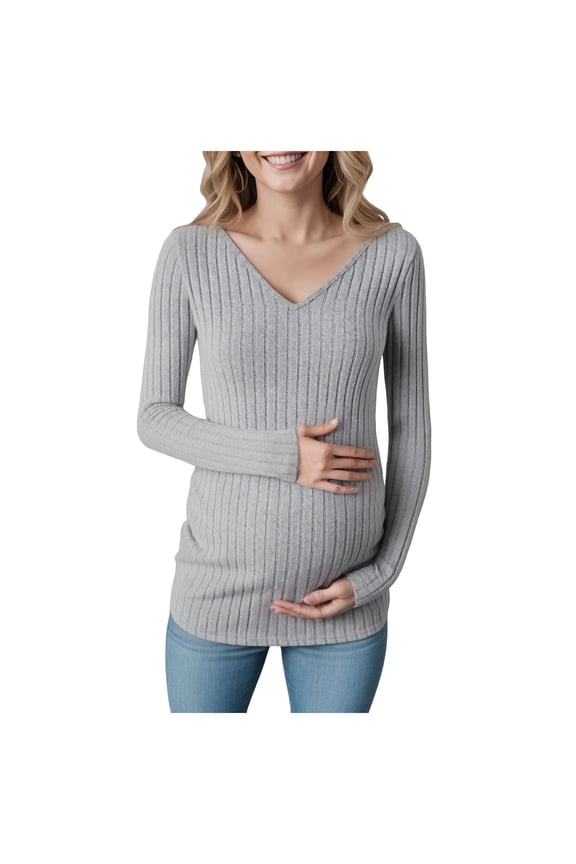 Fall Maternity Sweaters Women's Maternity Shirts Ribbed Long Sleeve Pregnancy Tops V Neck Knit Side Ruched Pregnant Clothes Sweater Grey,S