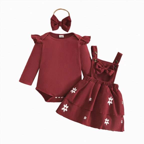 Splozh Fall Outfits Baby Girl Fashion, Comfortable Cute Printed Long Sleeve Top Dress Hairband 3 Piece Set,Red,0-3 Months