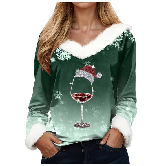 Splozh Fall Outfits for Women 2025 Trendy Women Fashionable Winter Christmas Printed V Neck Long Sleeved Corset T Shirt Top Dark Green,3XL