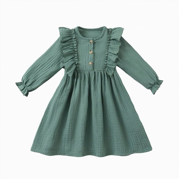 Splozh Fall Toddler Girl Dress Cute Dresses Girls Comfortable and Fashionable Dress Simple Solid Color Long Sleeve Dress,Green,3-4 Years