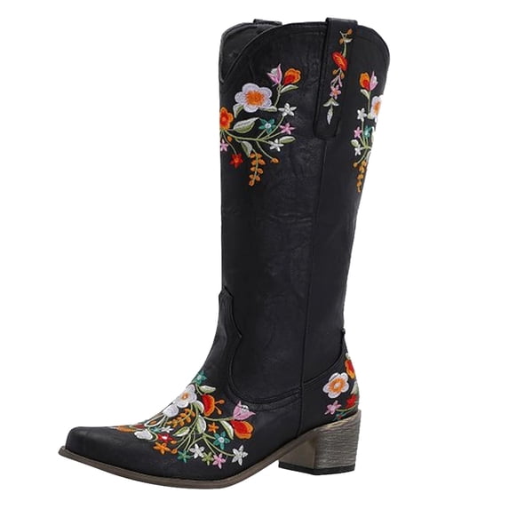 Splozh Fashion Boots for Women Knee High Cowboy Boots for Women Embroidered Western Knee High Boots Women Pointed Toe Heel Cowgirl Tall Boots Black,US 8