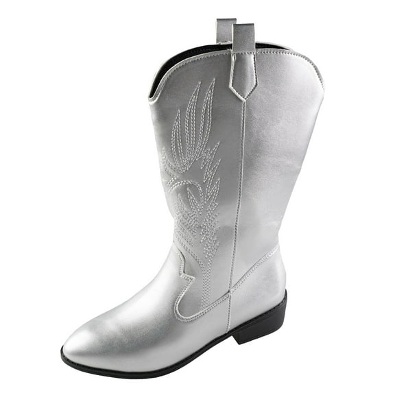 Splozh Fashion Boots for Women Western Cowboy Boots for Women Knee High Wide Calf Cowgirl Boots with Slip On Pointed Toe Heel Fashion Retro Tall Boot for Girls Ladies Fall Winter Silver,US 6