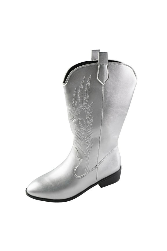 Fashion Boots for Women Western Cowboy Boots for Women Knee High Wide Calf Cowgirl Boots with Slip On Pointed Toe Heel Fashion Retro Tall Boot for Girls Ladies Fall Winter Silver,US 6