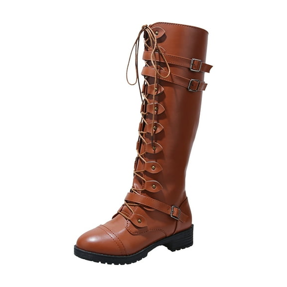 Splozh Fashion Boots for Women Low Heel Knee High Boots Women Fashion Combat Boots Chunky Platform Lace Up Lug Sole Boots for Women Brown,US 8