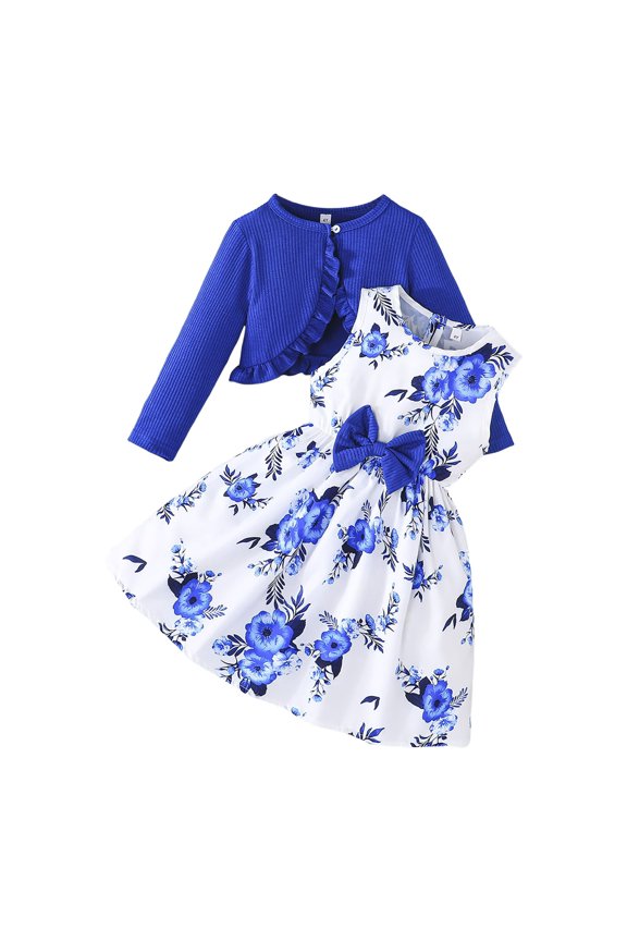 Fashion Clothing Design Set Girls 2PCS Little Toddler Girls Dress with Cardigan Floral Dresses Ruffle Sweaters Spring Fall Clothes Blue,4-5 Years