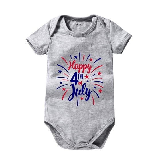 Splozh First 4th Of July Baby Girl Outfit Toddler 4th Of July Letters Prints Short Sleeve Independence Day Romper Summer Cloths Grey,12-18 Months