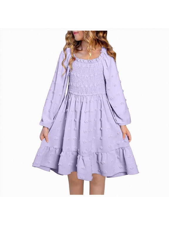Floral Toddler Dress Girls Soft Cute Girls Fashion Fall Winter Long Sleeve Princess Holiday Party Dress Toddler Birthday Dress Cotton Dress for Girls,Purple,2-3 Years
