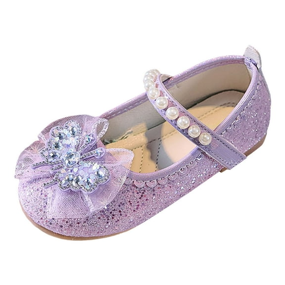 Splozh Flower Girls Wedding Party Heel Princess Shoes Girls Solid Color Fashion Leather Shoes Little Girl Butterfly Pearl Princess Shoes Purple,US 8.5