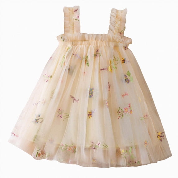 Splozh Formal Dress 1T 2T 3T 4T 5T Floral Embroidered Girls Mesh Dress with Flutter Sleeves Princess Dress Puffy Skirt,Beige,1-2 Years