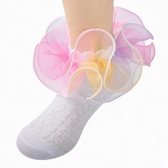 Splozh Girl Ruffle Socks Girls Fluffy Ruffle Socks Rainbow Ruffled Lace Dance Dressy Socks Baby/Toddler/Little Girls 5-8 Years,Light Yellow