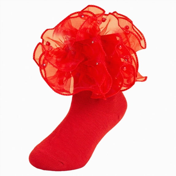 Splozh Girl Ruffle Socks Toddler Girls Double Lace Ruffle Rainbow Socks Turn Cuff Big Ruffle Dress Lace Socks,Red,6-8 Years