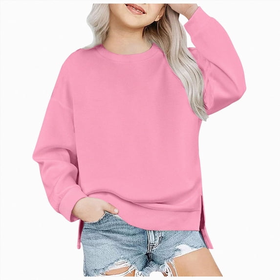 Splozh Girl Sweatshirts Girls Crew Neck Sweatshirt Long Sleeve Pullover Top 5-14 Years Sweatshirt Side Slit,Pink,11-12 Years