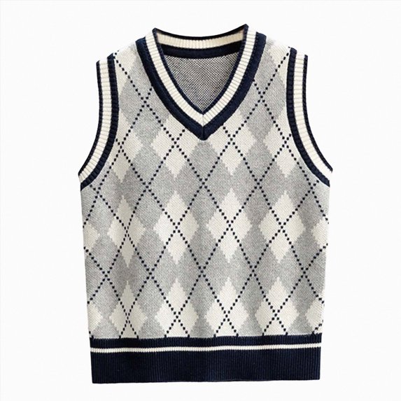 Splozh Girl's Argyle Plaid Sweater Vest 1-17 Years V Neck Sleeveless Preppy Knit Vest Tops,Grey,4-5 Years