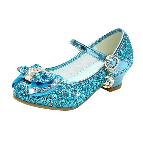 Splozh Girl's Dress Shoes Glitter Rhinestone Bow Accent Mary Jane Kids Pumps,Blue 4